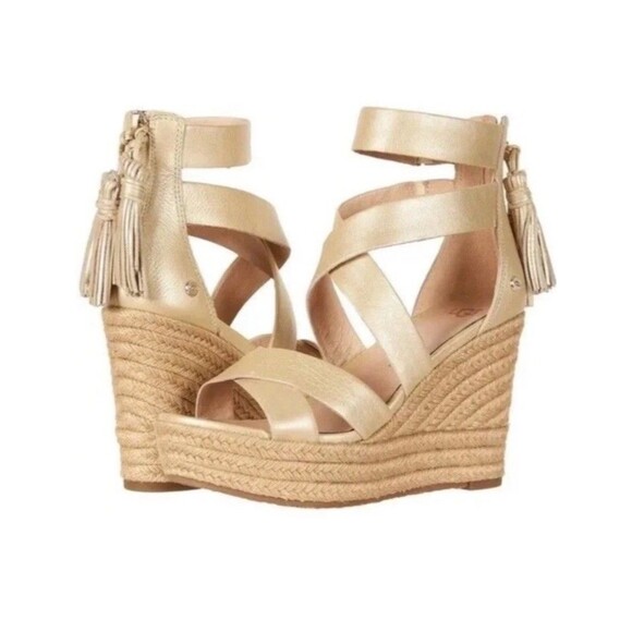 Ugg Raquel Gold Platform Wedge Sandals Criss Cross Women’s Size 9 US Party Fairy - Picture 1 of 7